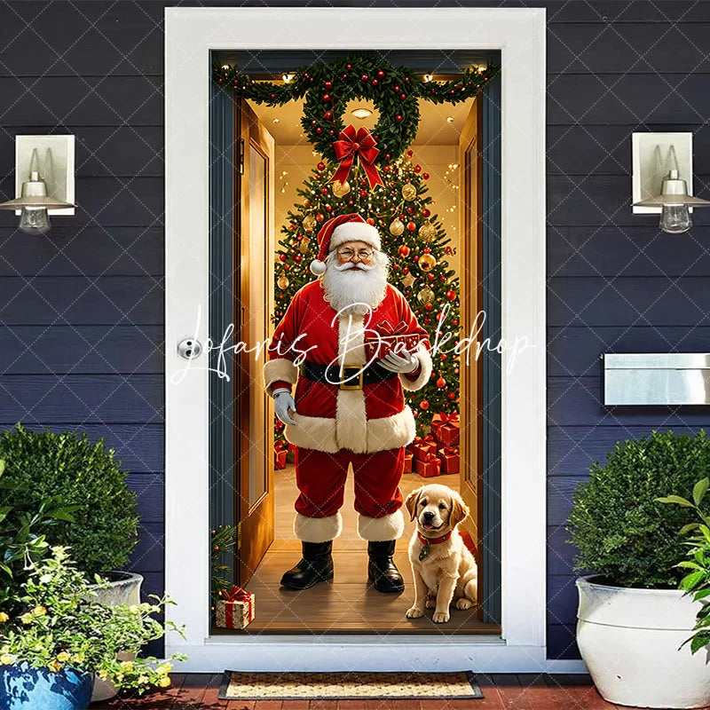 Lofaris Christmas Santa Claus and Golden Retriever Puppy Door Cover Festive Holiday Home Entrance Party Decoration