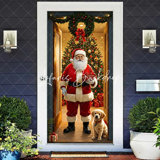 Lofaris Christmas Santa Claus and Golden Retriever Puppy Door Cover Festive Holiday Home Entrance Party Decoration