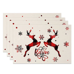 Lofaris Christmas Set of 4 Placemats Believe Text with Plaid Reindeer Farmhouse Snowflake Table Mats Decor