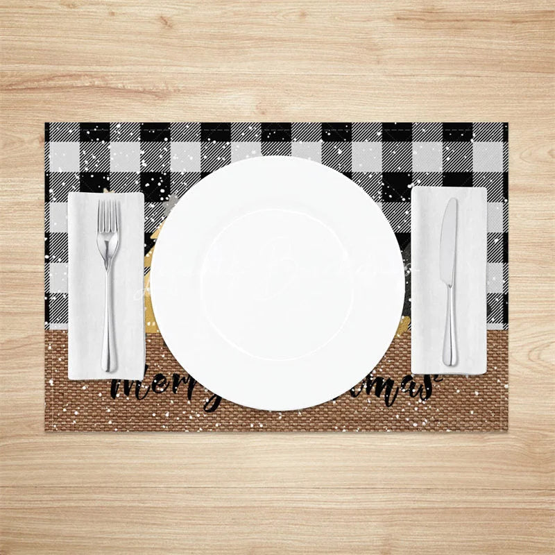 Lofaris Christmas Set of 4 Placemats Black and White Buffalo Plaid Gold Trees Farmhouse Table Mats Decor