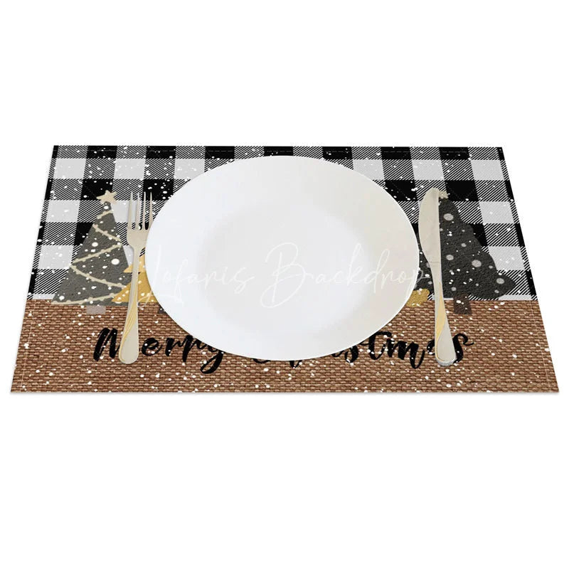 Lofaris Christmas Set of 4 Placemats Black and White Buffalo Plaid Gold Trees Farmhouse Table Mats Decor