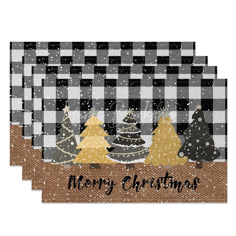 Lofaris Christmas Set of 4 Placemats Black and White Buffalo Plaid Gold Trees Farmhouse Table Mats Decor