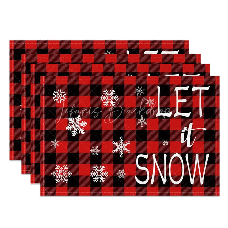 Lofaris Christmas Set of 4 Placemats Let It Snow Text Red Buffalo Plaid Check Farmhouse Table Mats