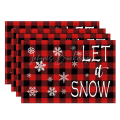 Lofaris Christmas Set of 4 Placemats Let It Snow Text Red Buffalo Plaid Check Farmhouse Table Mats