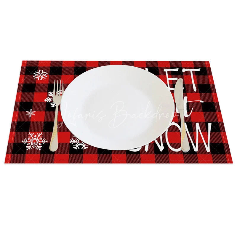 Lofaris Christmas Set of 4 Placemats Let It Snow Text Red Buffalo Plaid Check Farmhouse Table Mats
