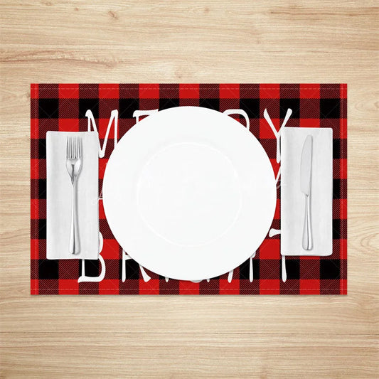 Lofaris Christmas Set of 4 Placemats Merry and Bright Text Red Buffalo Plaid Check Farmhouse Table Mats