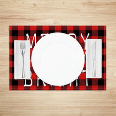 Lofaris Christmas Set of 4 Placemats Merry and Bright Text Red Buffalo Plaid Check Farmhouse Table Mats