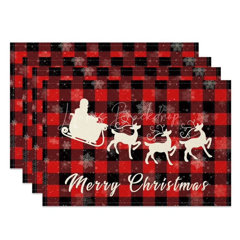 Lofaris Christmas Set of 4 Placemats Red Buffalo Plaid with Santa Sleigh Reindeer Silhouette Holiday Table Mats