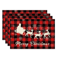Lofaris Christmas Set of 4 Placemats Red Buffalo Plaid with Santa Sleigh Reindeer Silhouette Holiday Table Mats