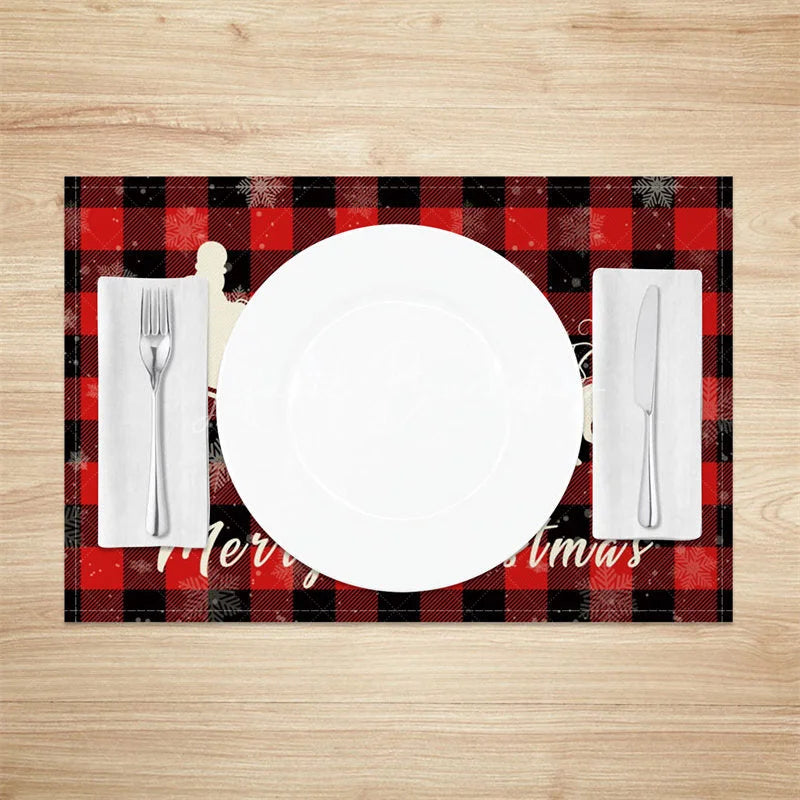 Lofaris Christmas Set of 4 Placemats Red Buffalo Plaid with Santa Sleigh Reindeer Silhouette Holiday Table Mats