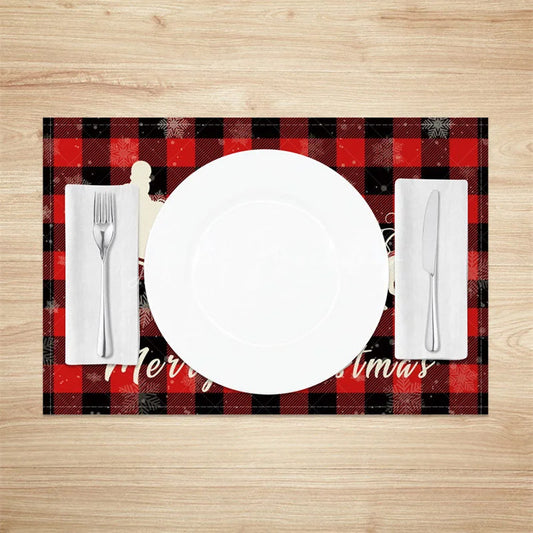 Lofaris Christmas Set of 4 Placemats Red Buffalo Plaid with Santa Sleigh Reindeer Silhouette Holiday Table Mats