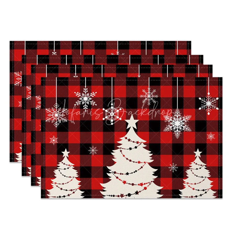Lofaris Christmas Set of 4 Placemats Red Buffalo Plaid with White Trees Hanging Snowflakes Holiday Table Mats