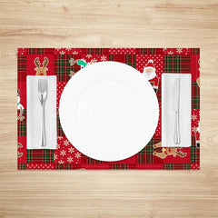 Lofaris Christmas Set of 4 Placemats Red Plaid Patchwork with Santa Reindeer Festive Holiday Table Mats Decor