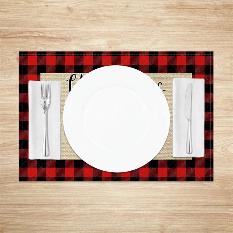 Lofaris Christmas Set of 4 Placemats Red Truck with Trees on Burlap Buffalo Plaid Check Border Table Mats