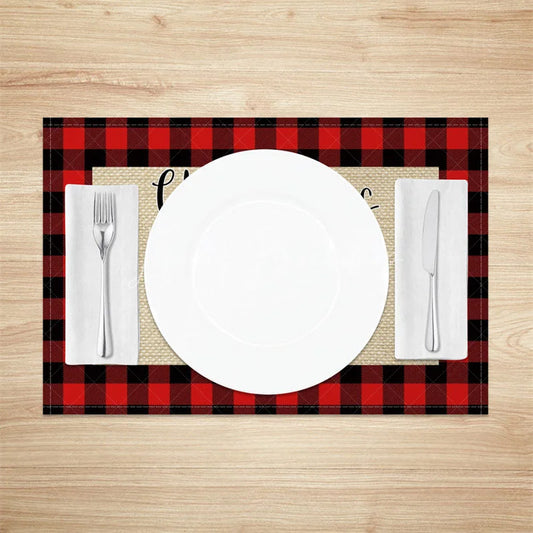 Lofaris Christmas Set of 4 Placemats Red Truck with Trees on Burlap Buffalo Plaid Check Border Table Mats