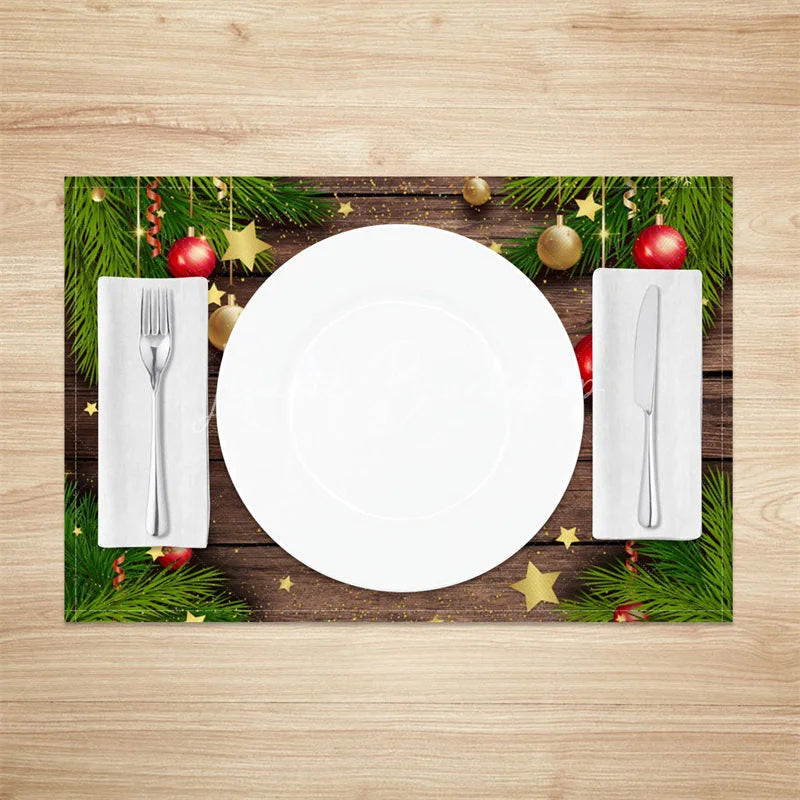 Lofaris Christmas Set of 4 Placemats Rustic Wood with Pine Garland Ornaments and Stars Holiday Table Mats