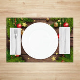 Lofaris Christmas Set of 4 Placemats Rustic Wood with Pine Garland Ornaments and Stars Holiday Table Mats