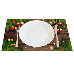 Lofaris Christmas Set of 4 Placemats Rustic Wood with Pine Garland Ornaments and Stars Holiday Table Mats