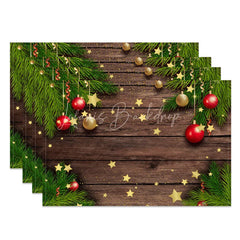 Lofaris Christmas Set of 4 Placemats Rustic Wood with Pine Garland Ornaments and Stars Holiday Table Mats