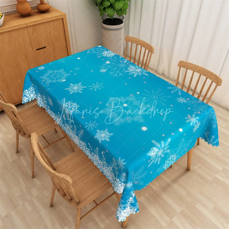 Lofaris Christmas Snowflake Rectangle Tablecloth Bright Blue with White Snowflakes Winter Holiday Table Cover