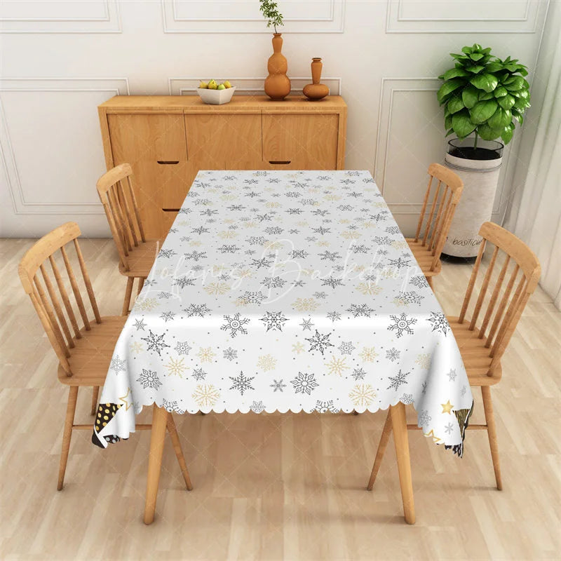 Lofaris Christmas Snowflake Rectangle Tablecloth White with Gold and Black Snowflakes Modern Holiday Table Cover