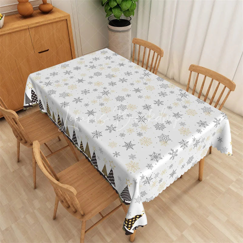 Lofaris Christmas Snowflake Rectangle Tablecloth White with Gold and Black Snowflakes Modern Holiday Table Cover