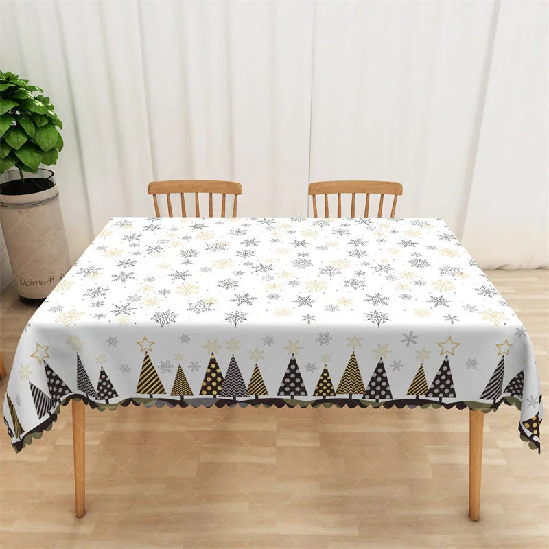 Lofaris Christmas Snowflake Rectangle Tablecloth White with Gold and Black Snowflakes Modern Holiday Table Cover
