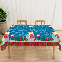 Lofaris Christmas Snowman Rectangle Tablecloth Blue with Merry Text Snowflake Holiday Table Cover