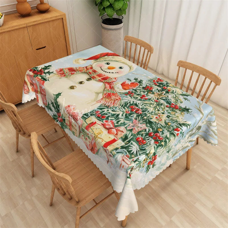 Lofaris Christmas Snowman Rectangle Tablecloth Holiday Scene with Gifts Red Berries Winter Table Cover Decor