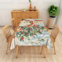 Lofaris Christmas Snowman Rectangle Tablecloth Holiday Scene with Gifts Red Berries Winter Table Cover Decor