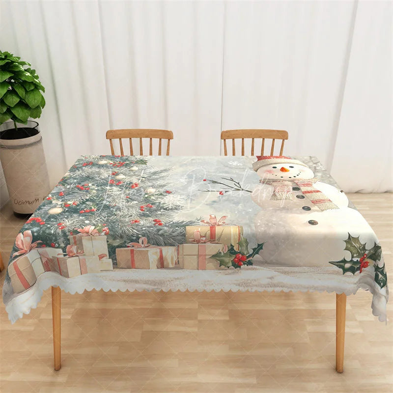 Lofaris Christmas Snowman Rectangle Tablecloth Winter Scene with Pine Trees Holiday Gifts Table Cover Decor