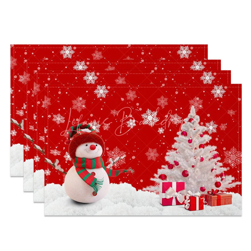 Lofaris Christmas Snowman Set of 4 Placemats Red Snowflake with White Xmas Tree Winter Holiday Table Mats Decor