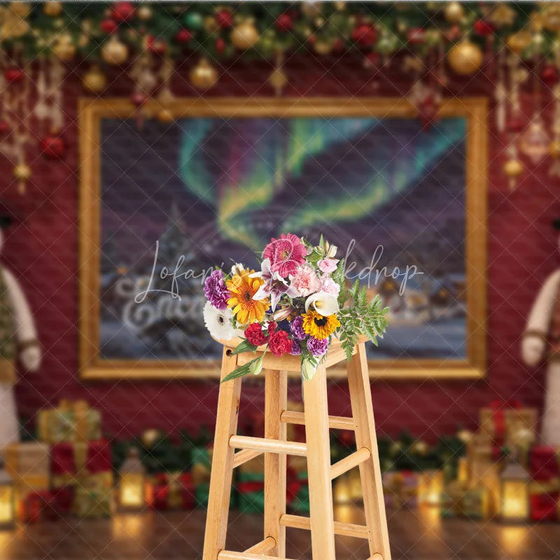 Lofaris Christmas Snowman with Northern Lights Photography Backdrop Elegant Red Wall Holiday Mini Session Background