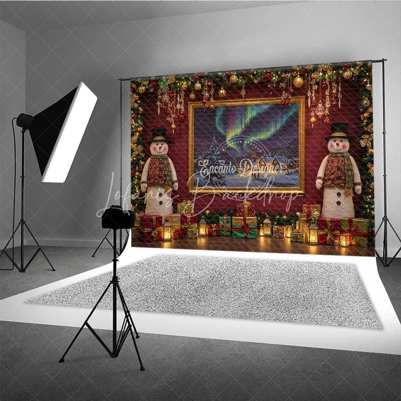 Lofaris Christmas Snowman with Northern Lights Photography Backdrop Elegant Red Wall Holiday Mini Session Background