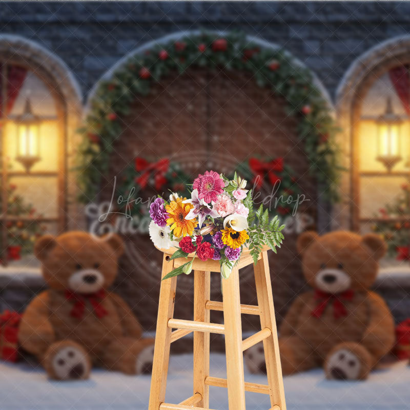 Lofaris Christmas Stone House Photography Backdrop Rustic Arched Door with Teddy Bears Snowy Holiday Photo Background