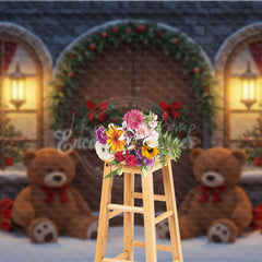 Lofaris Christmas Stone House Photography Backdrop Rustic Arched Door with Teddy Bears Snowy Holiday Photo Background