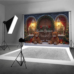 Lofaris Christmas Stone House Photography Backdrop Rustic Arched Door with Teddy Bears Snowy Holiday Photo Background
