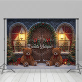 Lofaris Christmas Stone House Photography Backdrop Rustic Arched Door with Teddy Bears Snowy Holiday Photo Background