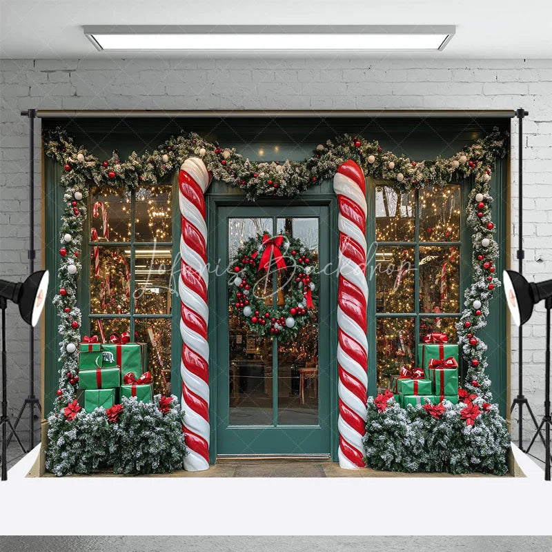 Lofaris Christmas Storefront Backdrop Candy Cane Wreath Shop Window Background Winter Snow Toy Store Holiday Party Decoration