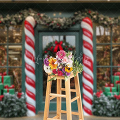 Lofaris Christmas Storefront Backdrop Candy Cane Wreath Shop Window Background Winter Snow Toy Store Holiday Party Decoration