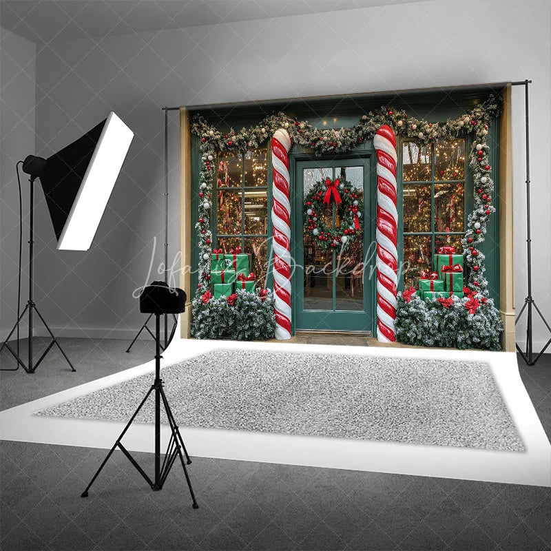 Lofaris Christmas Storefront Backdrop Candy Cane Wreath Shop Window Background Winter Snow Toy Store Holiday Party Decoration