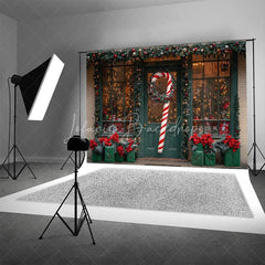 Lofaris Christmas Storefront Backdrop Holiday Window Display Candy Cane Wreath Toy Shop Photo Props