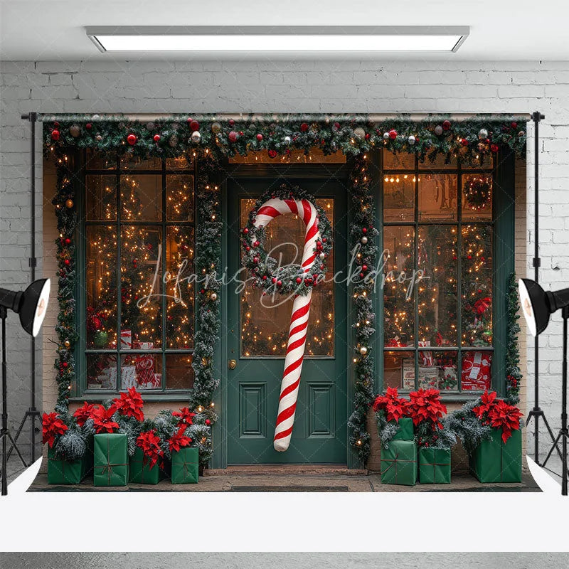 Lofaris Christmas Storefront Backdrop Holiday Window Display Candy Cane Wreath Toy Shop Photo Props