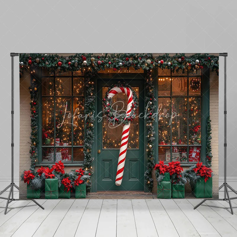 Lofaris Christmas Storefront Backdrop Holiday Window Display Candy Cane Wreath Toy Shop Photo Props