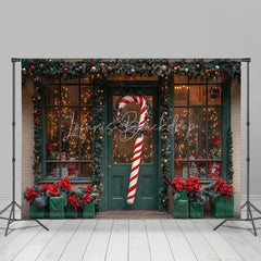 Lofaris Christmas Storefront Backdrop Holiday Window Display Candy Cane Wreath Toy Shop Photo Props