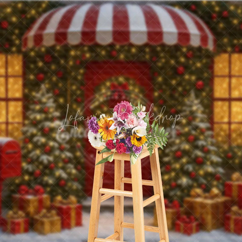 Lofaris Christmas Storefront Photography Backdrop Festive Red Door with Fairy Lights Snowy Holiday Photo Background
