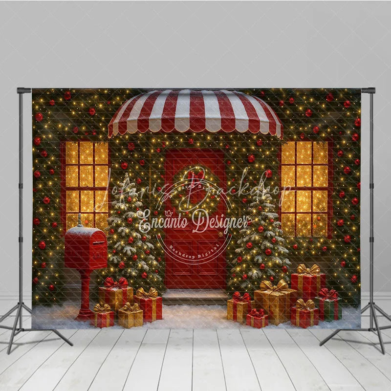 Lofaris Christmas Storefront Photography Backdrop Festive Red Door with Fairy Lights Snowy Holiday Photo Background
