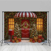 Lofaris Christmas Storefront Photography Backdrop Festive Red Door with Fairy Lights Snowy Holiday Photo Background