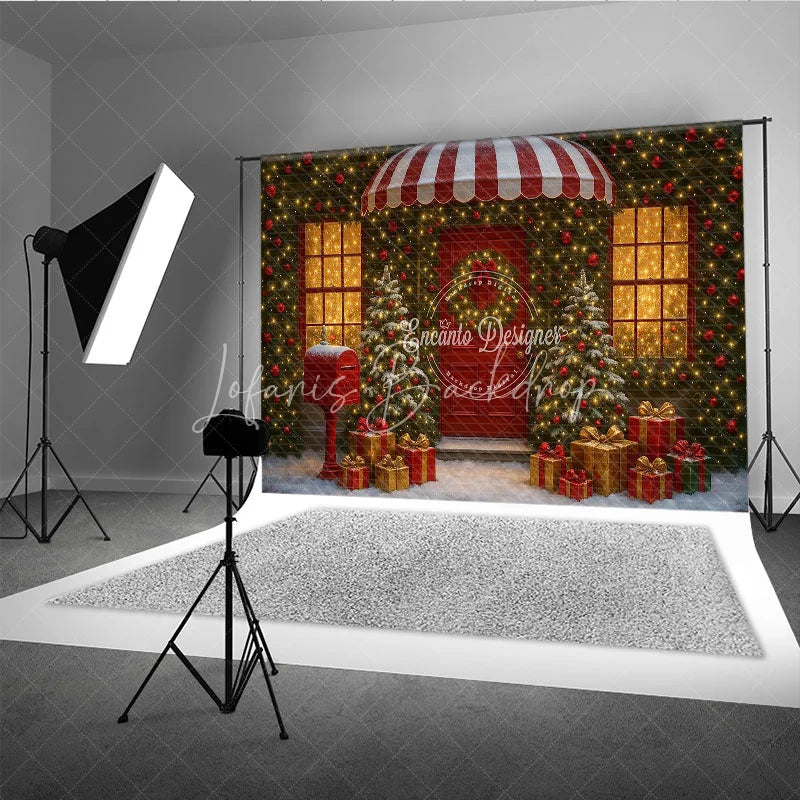Lofaris Christmas Storefront Photography Backdrop Festive Red Door with Fairy Lights Snowy Holiday Photo Background