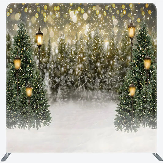 Lofaris Christmas Street Lamp Tension Fabric Backdrop Winter Night Snow Bokeh Background Holiday Pine Tree Decoration